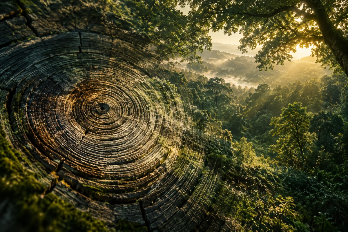 An artistic blend of ancient tree rings and a sunlit forest canopy